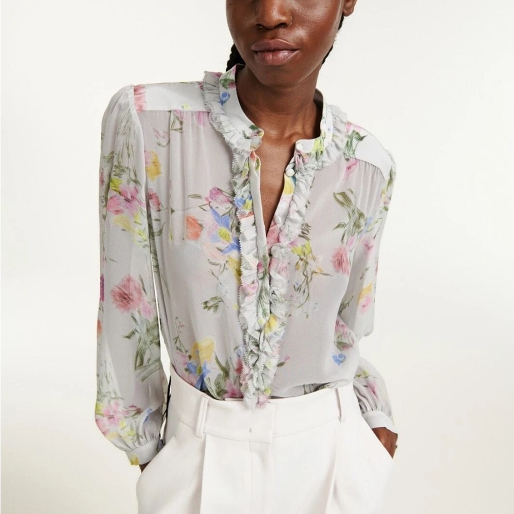 Floral Silk Grey Ruffle Blouse size large